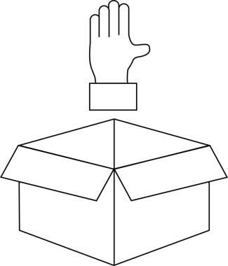 Açık bir karton kutunun üzerindeki bir elin basit bir çizgisi çizimi, paketleme, teslimat veya alımla ilgili kavramların taşınması için idealdir..