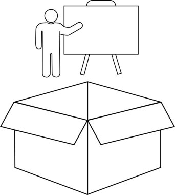 Açık bir kutunun üzerinde sunum tahtası başında duran bir kişiyi gösteren basit bir siyah beyaz çizim.
