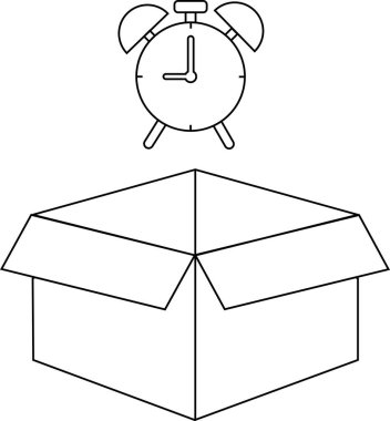 Açık bir karton kutunun üstündeki alarm saatinin siyah beyaz çizgisi zamanlamanın lojistik ve teslimat olduğunu gösteriyor.