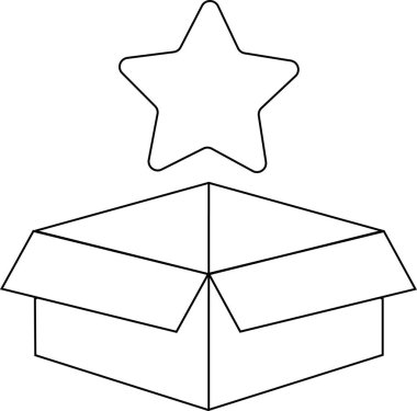 Yüzen bir yıldız minimalist ikonu olan açık bir kutunun açık siyah beyaz çizgisi. Sürpriz derecelendirme paketleme yaratıcılığı kavramları için.