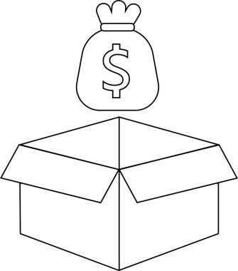 Açık bir kutunun üzerinde dolar işareti olan para çantasının resmi, siyah ve beyaz ana hatlarıyla..