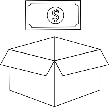 Açık bir kutunun üzerinde yüzen bir doların basit bir çizgi çizimi, finansal kavramları, tasarrufları veya yatırım fırsatlarını resmetmek için idealdir..