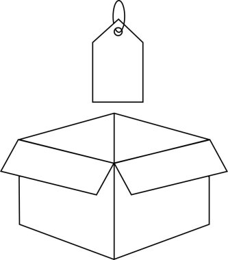 Üzerinde etiket asılı olan açık bir kutunun siyah beyaz çizimi, basit bir tasarım..