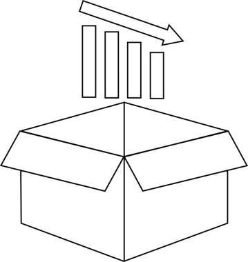 Aşağı doğru ok ve azalan çubuk grafiği ile açık kutunun en düşük çizgi çizimi kayıp azaltma devalüasyonu ve azalan satış performansını simgeliyor