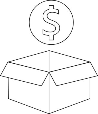 Üzerinde dolar sembolü bulunan açık bir kutunun basit bir çizgisi çizimi. Tasarruf, bütçe, bağış, nakit para, unbox, ekommerce, nakliye ve finans kavramlarını temsil ediyor.