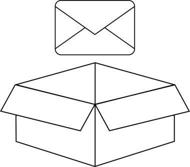 Üzerinde beyaz bir zarf bulunan açık bir kutunun basit bir siyah beyaz çizgisi çizimi..