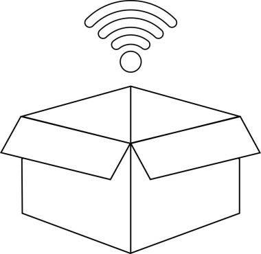 Üzerinde wifi sinyali olan açık bir kutu, akıllı ambalaj, bağlantı ve lojistik ve dağıtım hizmetlerinde teknolojik bütünleşmeyi temsil ediyor..