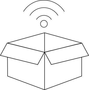Üzerinde kablosuz sinyal olan açık bir kutu, akıllı ambalaj, bağlantı ve lojistik ve dağıtım hizmetlerinde teknolojik bütünleşmeyi temsil ediyor..