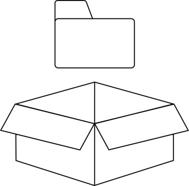 Depolama arşivi ambalaj lojistiği ve belge organizasyonu kavramını temsil eden dizin sembolüyle birlikte açık karton nakliye kutusunun en az siyah çizgi çizimi
