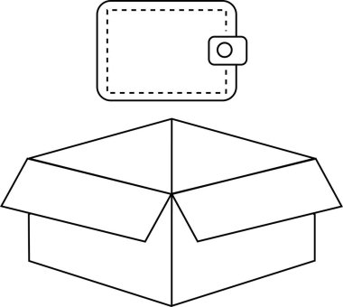 Üzerinde basit cüzdan bulunan açık karton kutunun asgari ana hatları, ambalaj ve ekommerce temaları için siyah çizgi vektörü