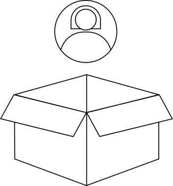 Bir kişi simgesinin açık bir kutunun üzerine yerleştirilmiş basit bir çizgi çizimi, potansiyel, fırsat ya da kutunun dışında düşünme gibi kavramları önerir..
