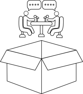 Podcaster 'ların, yaratıcı düşünmeyi sembolize eden açık bir kutunun üzerinde konuştuğu minimum satır sanatı