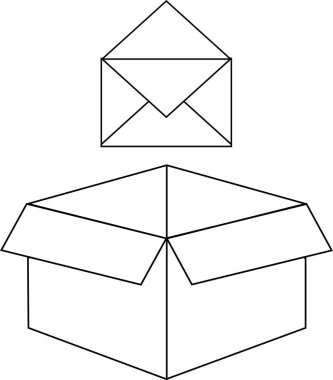 Üzerinde flaplar ve siyah beyaz bir zarf bulunan açık bir kutu çizen minimalist bir çizgi..