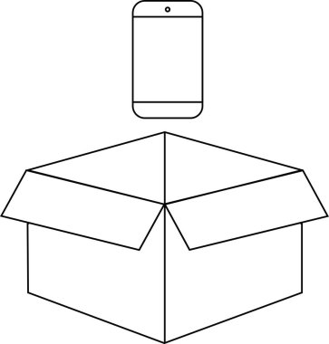 Açık bir kutunun üzerine yerleştirilmiş akıllı telefon tasviri, teknolojiyi, ambalajı, teslimatı veya boks tecrübelerini temsil ediyor. Basit satır sanatı tarzı.