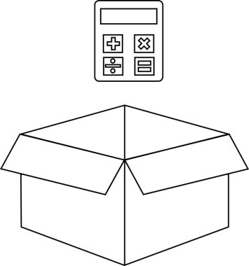 Açık bir karton kutunun üzerinde yüzen bir hesap makinesinin basit bir siyah beyaz çizimi.