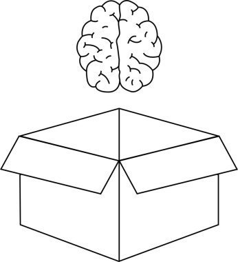 Bir beyin açık bir kutunun üzerinde süzülür, kutunun dışındaki düşünceyi ve yaratıcı problem çözmeyi sembolize eder. Siyah beyaz çizgi sanatı.