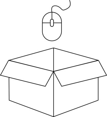 Basit bir çizgi, açık bir karton kutunun üzerine yerleştirilmiş bir bilgisayar faresini tasvir eder, teknoloji ve ambalaj kavramlarını betimler..