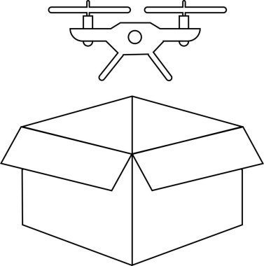Modern teslimat hizmetlerini gösteren, açık bir karton kutudan paketi teslim eden bir insansız hava aracının basit bir çizimi..