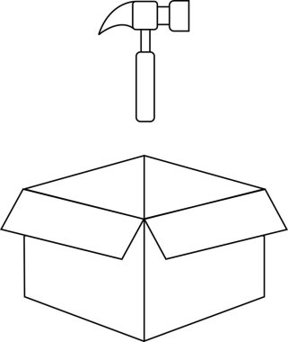 Açık bir karton kutunun üzerinde duran ve vurmaya hazır bir çekicin basit siyah beyaz çizimi..