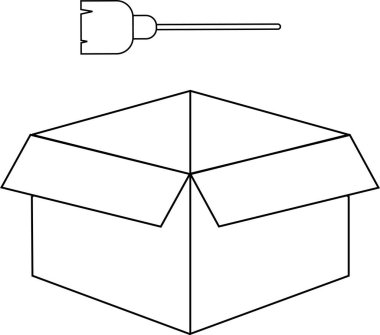 Üzerinde bir araç ya da nesne bulunan açık bir kutunun basit bir çizgi çizimi, içine yerleştirilmeye hazır.