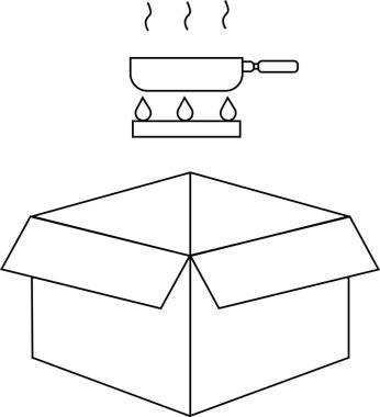 Çizgi, ocağın üstünde buharı olan bir tavayı, açık bir karton kutunun üzerinde gösterir..