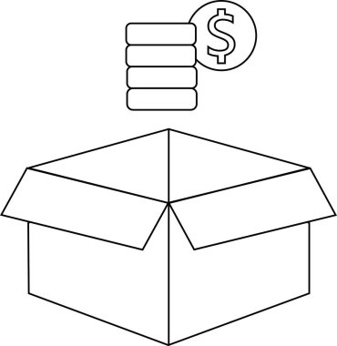 Üzerinde para yığını olan açık bir kutunun siyah beyaz çizimi, değeri veya yatırımı simgeliyor..