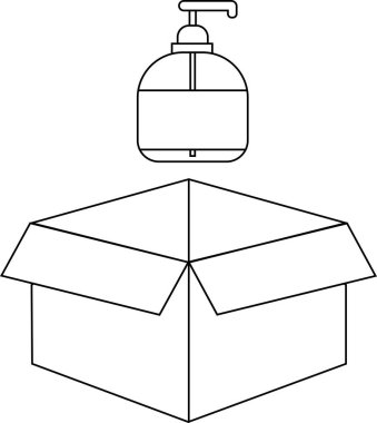 Açık bir karton kutunun üzerine yerleştirilmiş, paketlenmeye ya da taşınmaya hazır bir sabun dağıtıcısının siyah beyaz çizgisi..