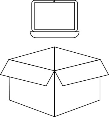 Açık bir karton kutunun üzerindeki dizüstü bilgisayarın basit bir çizimi, paketlenmeye ya da gönderilmeye hazır..