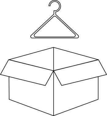 Üzerinde boyama veya tasarım elementleri için uygun bir askı bulunan açık bir kutunun basit bir siyah beyaz çizimi.