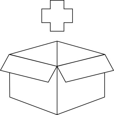 Üzerinde artı işareti olan açık bir kutunun basit bir siyah beyaz çizgisi ilave veya tıbbi malzeme öneriyor..