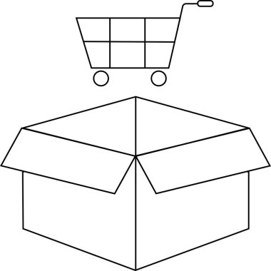 Üstünde alışveriş arabası simgesi olan açık bir kutunun basit bir çizimi teslimatı veya online alışverişi öneriyor..