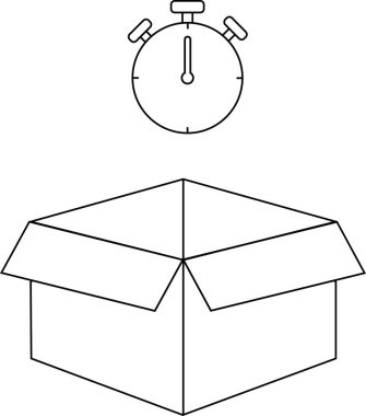 Üzerinde kronometre yüzen açık bir karton kutuyu gösteren basit bir siyah beyaz çizgi çizimi..