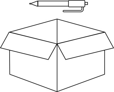 Üzerinde flaplar ve kalem olan, çeşitli tasarım amaçları için uygun, açık bir karton kutunun basit siyah beyaz çizimi.
