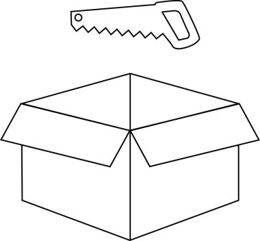 Açık bir kutunun üzerindeki testerenin siyah-beyaz çizimi DIY ya da inşaat temaları için mükemmel.
