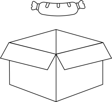 Açık bir karton kutunun üzerinde basit bir siyah beyaz çizgi çizimi, boyama sayfaları veya eğitim materyalleri için uygundur..
