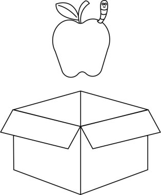 Açık bir kutunun üzerinde solucanı olan siyah beyaz çizgili bir elma, renklendirici ya da eğitici malzemeler için uygundur..