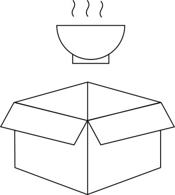 Bir kase sıcak yemek açık bir karton kutunun üzerine yerleştirildi. Teslimat için içeri konmaya hazır..