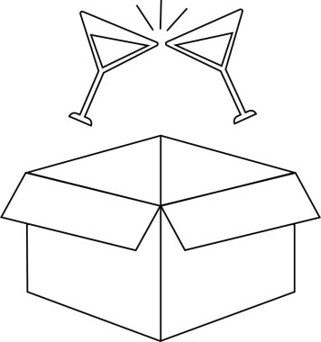 Üzerinde iki martini bardağı olan açık bir kutunun minimalist çizimi kutlama ve sürprizi simgeliyor..