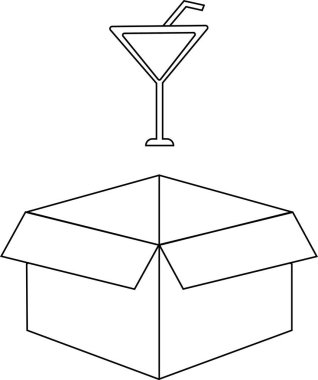 Açık bir karton kutunun üzerinde çeşitli yaratıcı projeler için uygun bir kokteyl bardağının basit bir çizgisi çizimi..