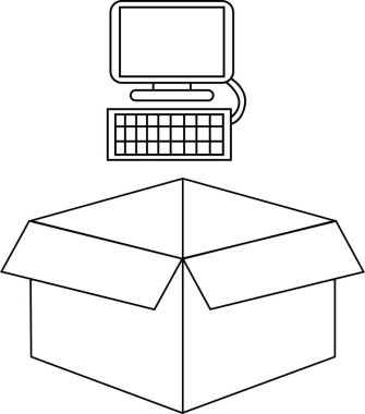 Açık bir karton kutunun üzerinde yüzen bilgisayar ve klavyenin siyah beyaz çizimi, teknolojinin teslim edildiğini veya depolandığını öne sürüyor..