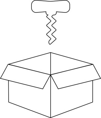 Açık bir kutunun üzerine yerleştirilmiş siyah beyaz bir tirbuşon çizimi, içine yerleştirilmeye hazır..