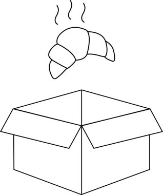 Açık bir karton kutunun üzerinden yükselen buharlı kruvasanın basit bir çizimi, taze pişmiş malları ya da teslimat hizmetlerini temsil ediyor..