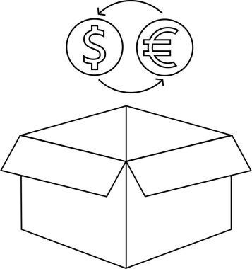 Üzerinde döviz döviz sembolü olan bir kutu, mali işlemleri, küresel ticareti veya uluslararası ticareti temsil ediyor..