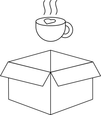 Açık bir karton kutunun üzerinde yükselen buharlı bir fincan kahvenin basit bir çizimi.