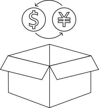 Açık bir kutunun üzerinde, küresel ticaret, finans ve uluslararası işlemleri temsil eden bir döviz döviz simgesinin basit bir çizgisi çizimi.