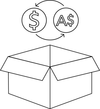 Bir kutu, dolar ve Avustralya dolar sembollü döviz konsepti, mali işlemleri veya uluslararası ticaret önerir.
