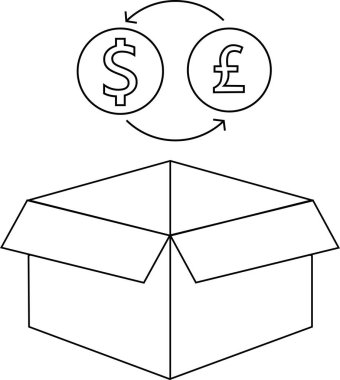 Üzerinde döviz döviz sembolü olan bir kutunun basit bir çizgi çizimi, ticaret, finans ve küresel ticareti temsil ediyor..
