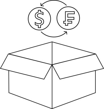 Para birimi döviz simgesinin açık bir kutunun üzerine basit bir çizgi çizimi, finansal kavramları veya nakliyeyi göstermek için uygundur.