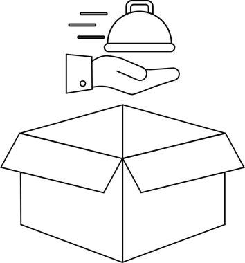 Bir teslimat servisi ikonu, açık bir kutunun üzerinde yemek saati tutan bir eli gösteriyor, yemek teslimatını temsil ediyor..