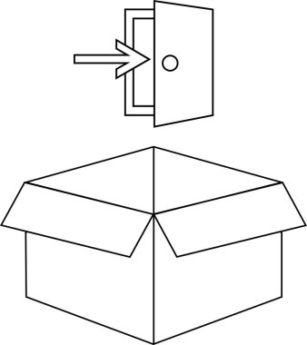 Açık bir kutuyu işaret eden oklu bir kapı, giriş veya yerleştirmeyi sembolize ediyor. Basit siyah beyaz çizgi sanatı.